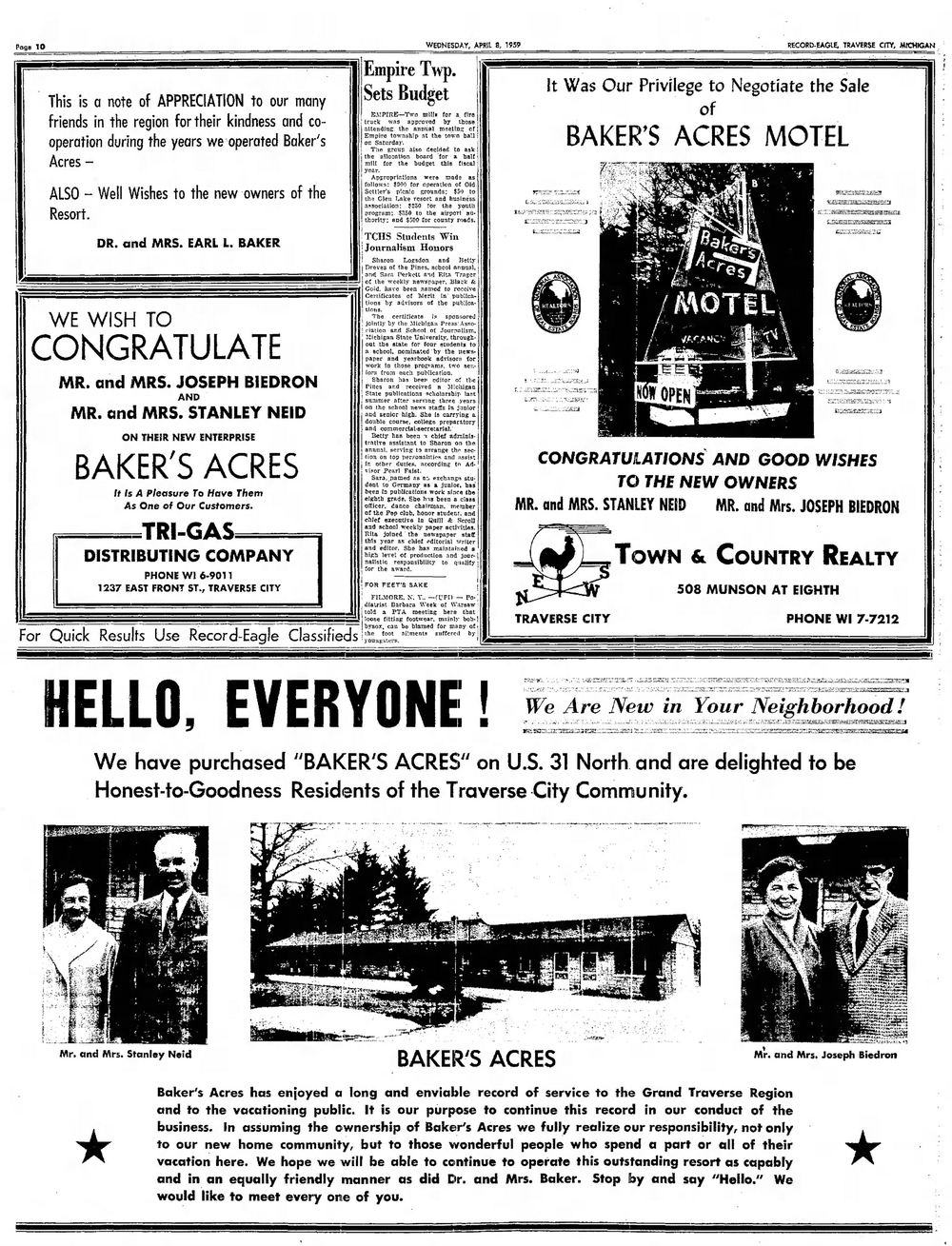 Bakers Acres Motel and Cottages (Waterfront Inn, Tamarack Lodge) - April 1959 Opening Article And Ads